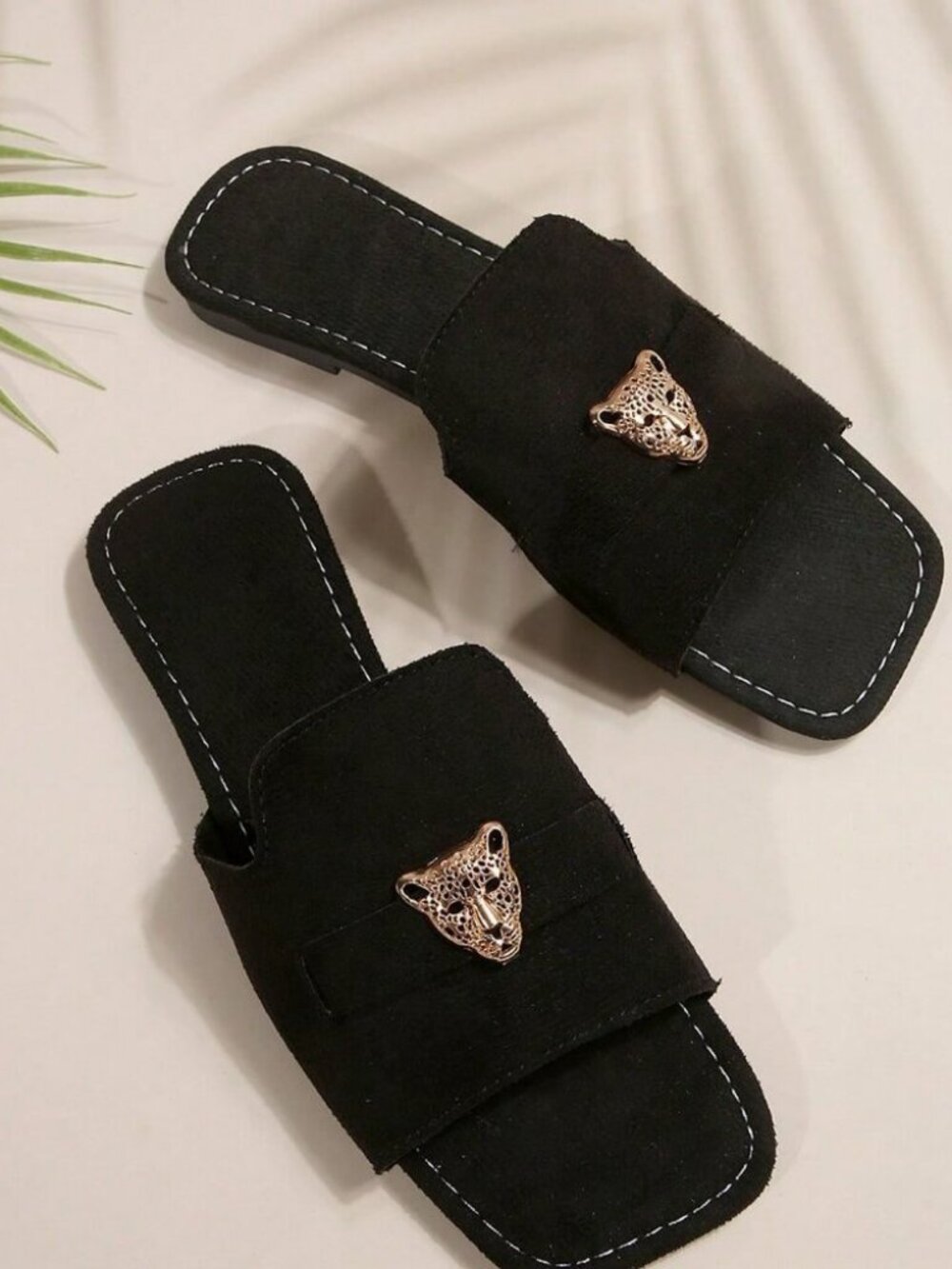 Black Elegant Women's Square Toe Leopard Head Flat Slip-On Sandals - Picture 6 of 7